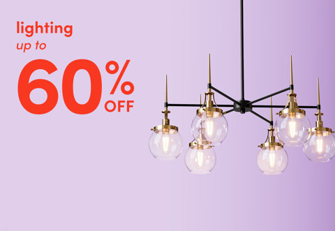 Lighting up to 60% off featuring a modern black and gold chandelier with six glass globe shades.