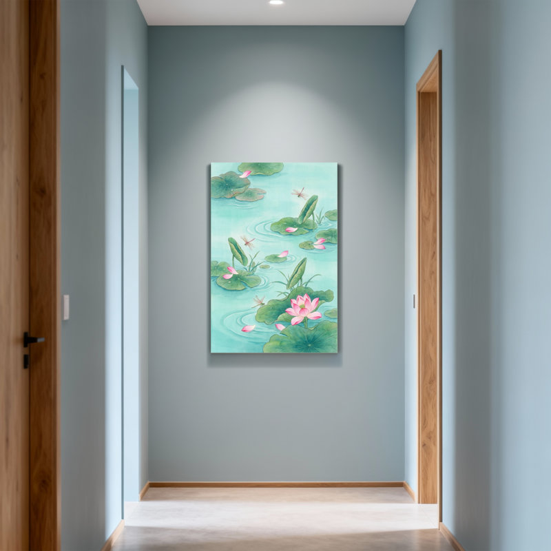 Étang de nénuphars avec plantes et fleurs, H 40 po x l 28 po