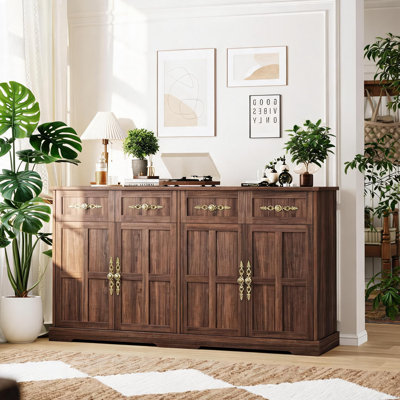Modern Black Farmhouse Buffet Sideboard Cabinet – 4 Doors & 4 Drawers – Large Dining Room Storage – Gold Handles, Black Wood Grain – for Kitchen, Living Room, or Entryway