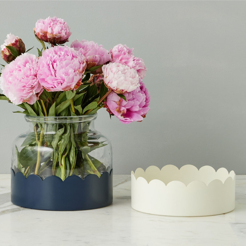 2-in-1 Scalloped Bloom Vase, White/Navy Blue