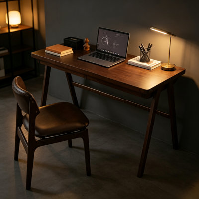 Bureau d'ordinateur 100% bois d'hévéa massif, bureau d'écriture rétro en noyer avec tiroir, structure en A robuste, table d'étude de bureau à domicile très épaisse de 47,24 po x 21,65 po, 1,38 po