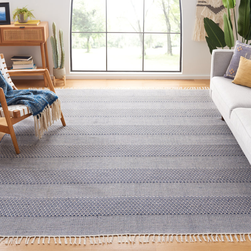 Tapis rayé ivoire / bleu marine en coton tissé à plat à la main Annia, Rectangle 8 pi x 10 pi