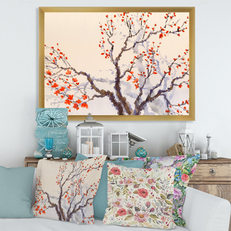 «Red Flowers and Buds on the Spring Blossoming Tree», peinture sur toile encadrée, H 30 po x l 40 po x 1,5 po