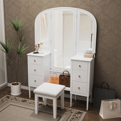 Antique Makeup Vanity Desk With Triple Mirror, 6-Drawer Dressing Table Set Including Stool, Full Length Mirror For Bedroom Dressing Room, White