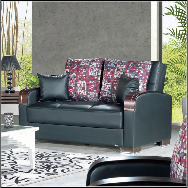 Causeuse convertible rembourrée avec rangement, polyuréthane noir, Noir