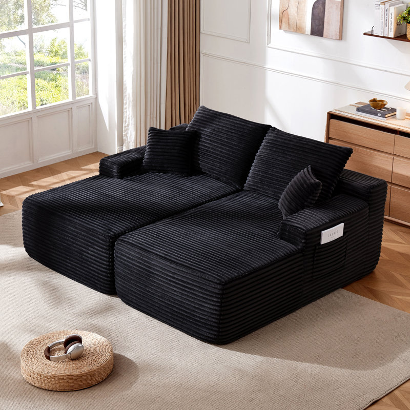 Chaise longue en L en forme de L 75,5 po noir sans assemblage requis, porte-gobelets, siège profond