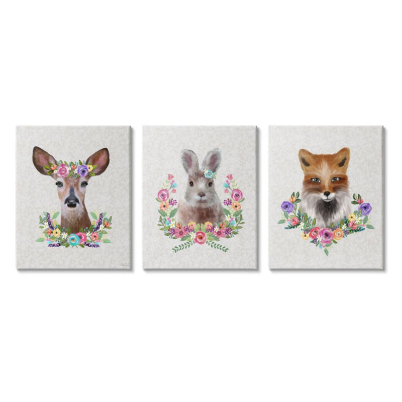 «Adorable Forest Creatures Floral Wreath Détails» par Lisa Lane - ensemble de 3 impressions, H 20 po x l 16 po, Toile tendue