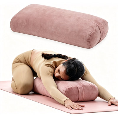 Yoga bolster pillow with ergonomic curved shape and velvet cover, restorative yoga bolster with removable washable cover and carry handle