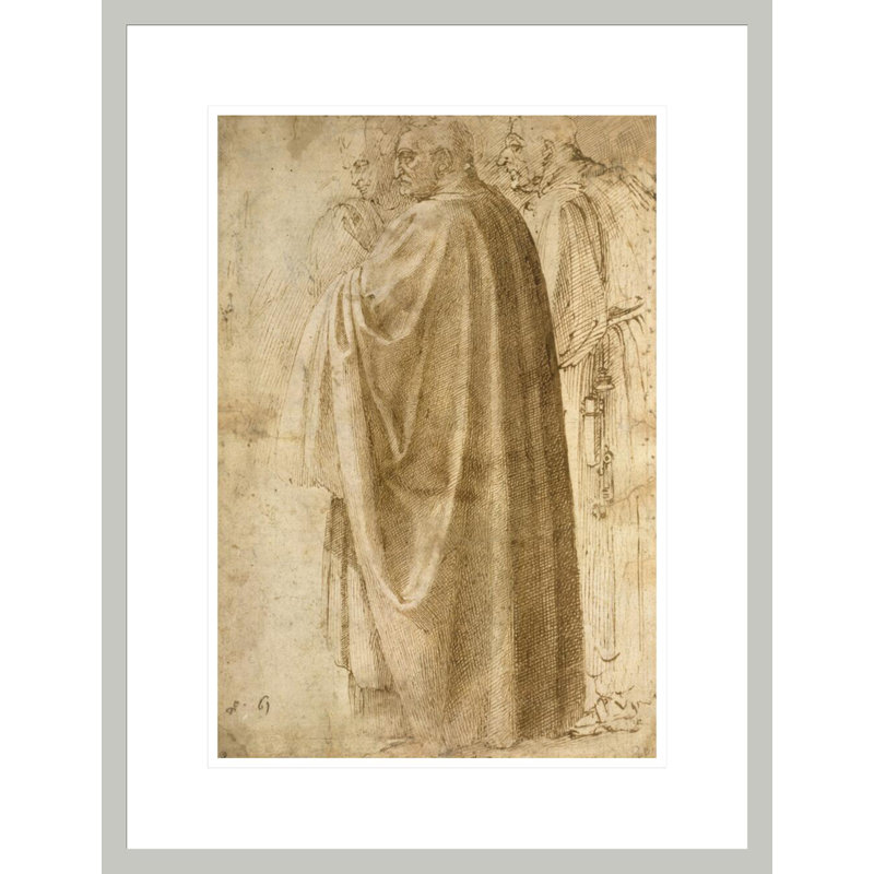 Trois hommes debout en manteaux larges tournés vers la gauche (recto) par Michelangelo Buonarroti - Impression Giclée encadrée