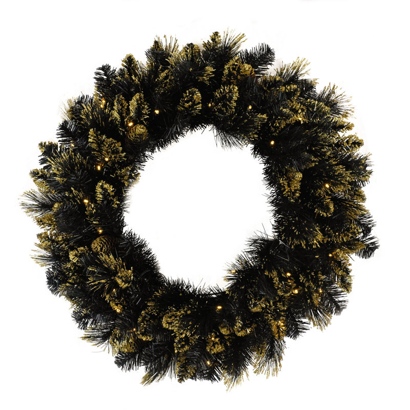 Faux Lighted Spruce 76cm Wreath, Black