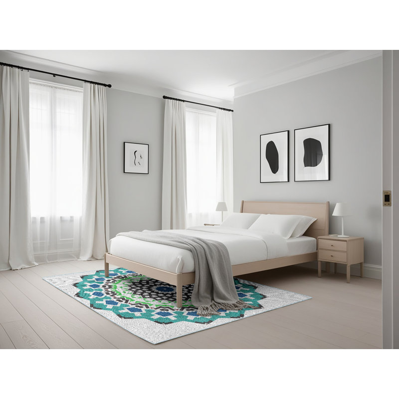 Tapis bleu/vert tissé à la machine, Rectangle 5 pi x 7 pi