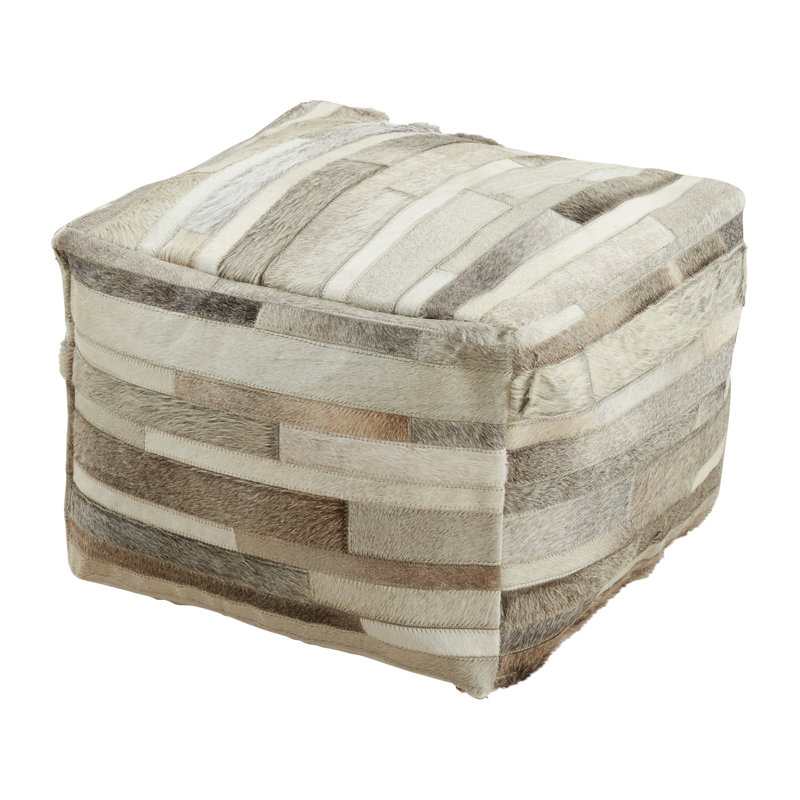 Posh Collection Leather Pouf, Gray Striped Genuine Leather
