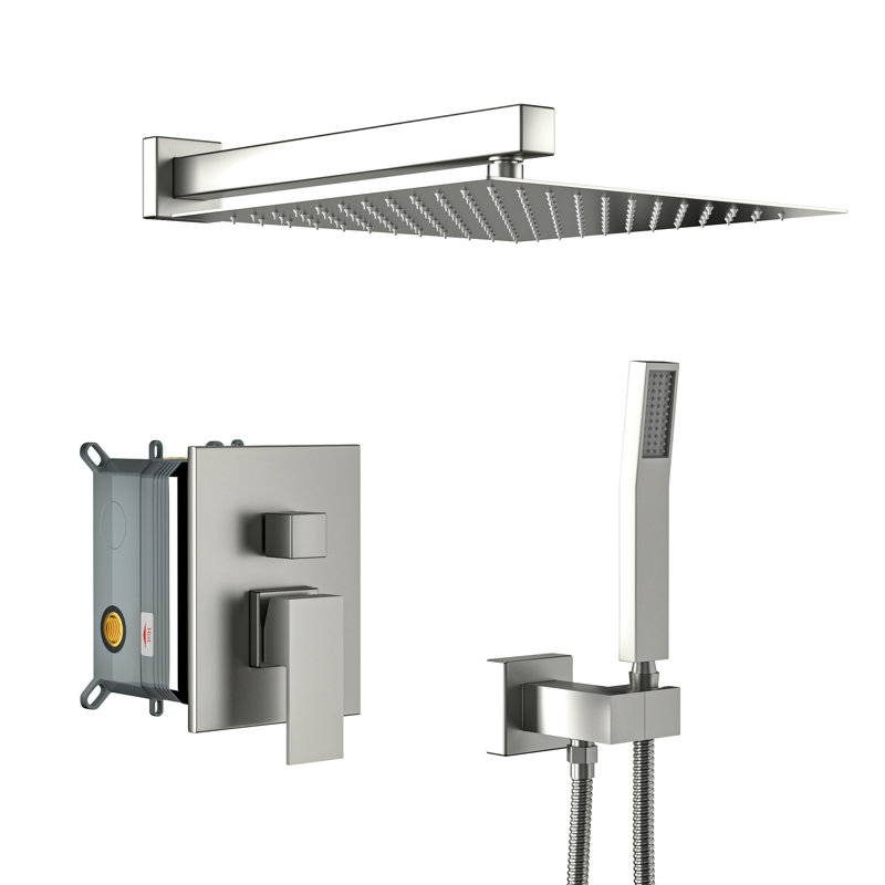 Dual Shower Head In Brushed Nickel - 10 Inch Square With -Balanced Valve, Easy Cleaning And Handheld For A Pleasant Bath Wall Mounted Stainless Steel Material Valve