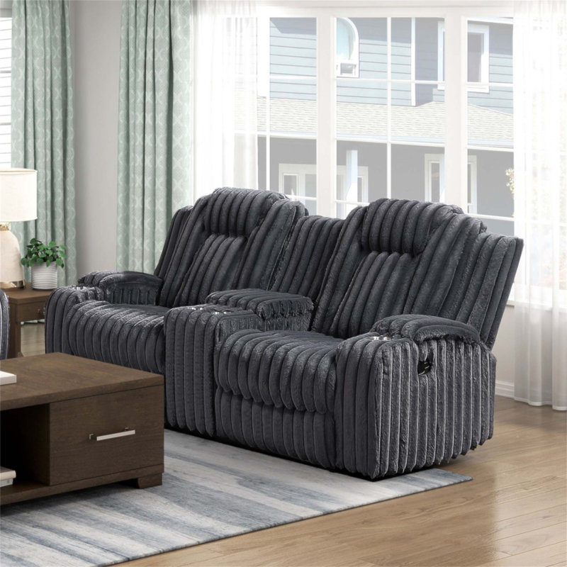Causeuse inclinable avec console centrale et porte-gobelets, revêtement en velours côtelé de qualité supérieure pour le confort d'un salon moderne