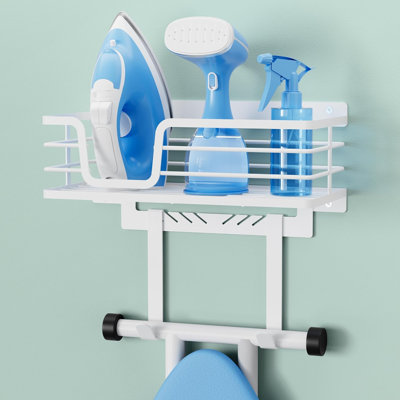 90lb Heavy-Load Ironing Board Hanger Wall Mount, One-Piece Metal Frame Ironing Board Holder with T&V Shaped Hooks, Extra Large Storage Basket, No Breaking Sturdy Screws Included, White