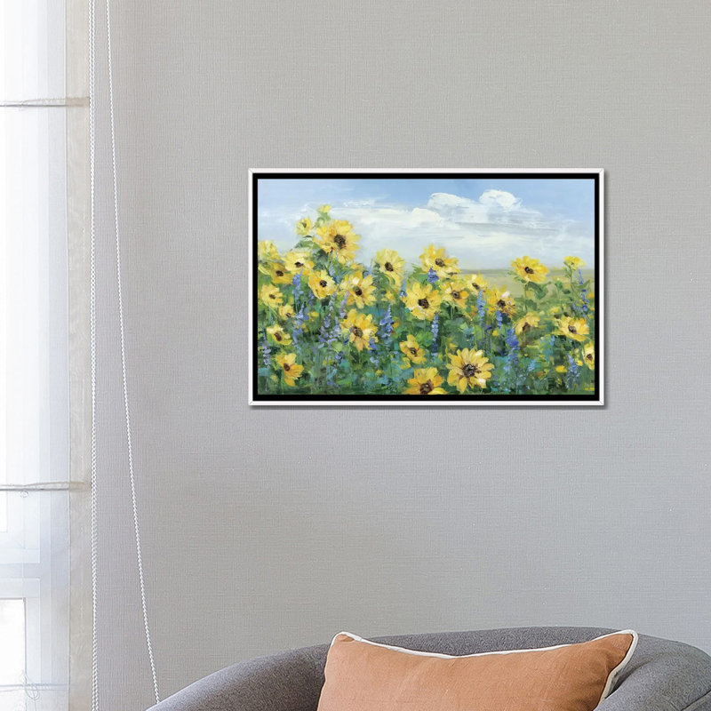 «Sunflower Fields Forever» par Sally Swatland - reproduction d'art, H 18 po x l 26 po x P 1,5 po, White Framed, Pas de tapis