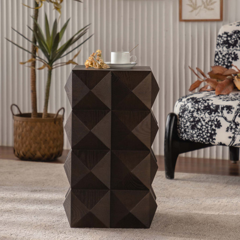 23.62"Height Three-Dimensional Embossed  Pattern Design Retro Side Table,Retro Wooden Nightstand, Brown