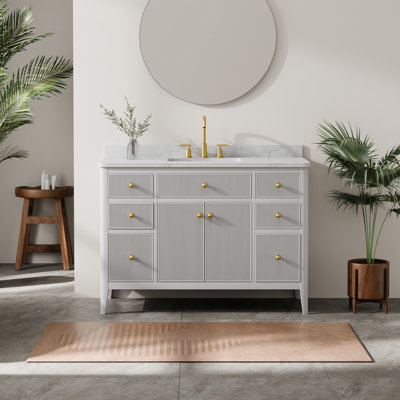 48'' Freestanding Single Sink Bathroom Vanity With Fluted Front, Soft-Close Drawers, Solid Wood Construction & Engineered Marble Top – Fully Assembled
