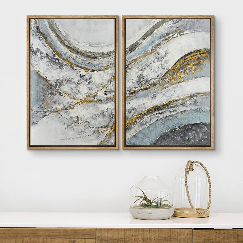 «Grunge Abstract Paint Stroke Effect Vibrant Pastel Blue Watercolor Wave Landscape», reproduction d'art sur toile 2 pièces