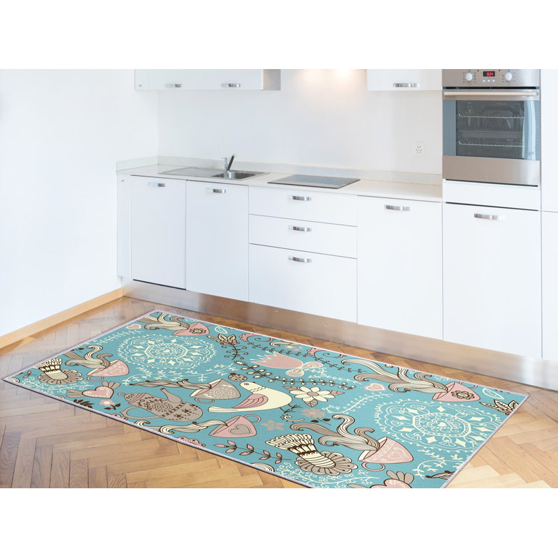 Tapis bleu en polyamide tissé à la machine, Rectangle 2 pi 7 po x 4 pi 11 po