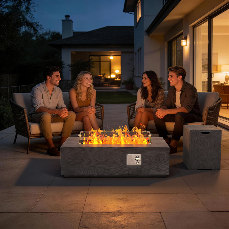 42" Woodgrain Propane Gas Fire Pit Table 50,000 Btu With Lid, Waterproof Cover And Tank Storage Table, Gray