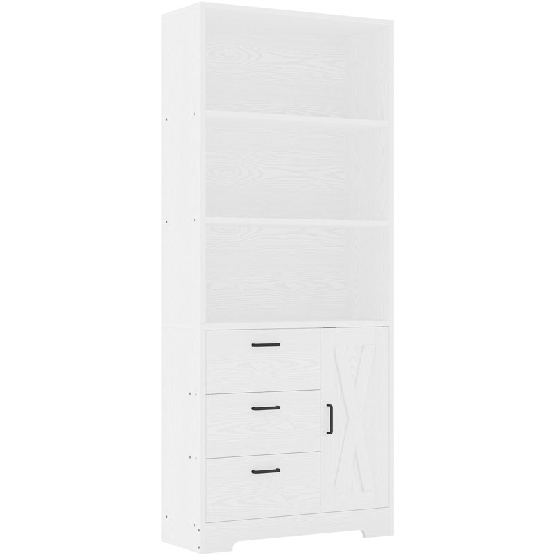 Modern Style 71" H Wooden White Bookshelf And Bookcase With Door And 3 Drawers,3-tier Open Display Shelves, White
