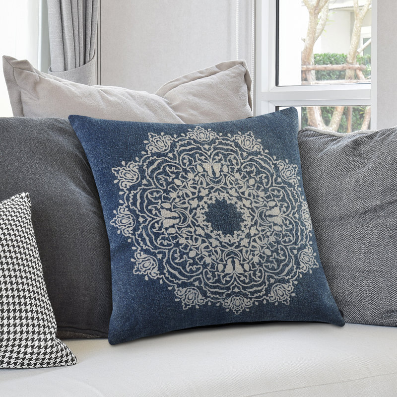 Home Goods Intricate Medallion Square Cotton Throw Pillow Cover, Blue, Polyester