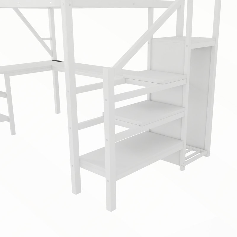 Lit mezzanine en métal avec armoire, bureau en L, port USB et éclairage DEL, Blanc