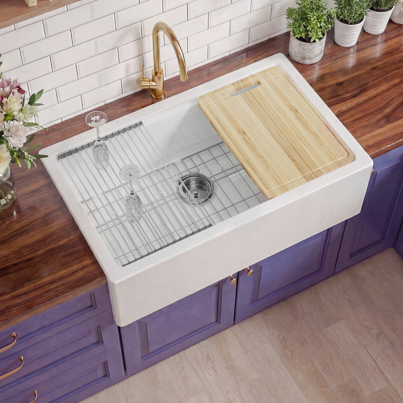 33"L x 20"W Fireclay Self-Trimming Farmhouse Sink Workstation with Tall Apron Front, Dual Mount Single Bowl White for Kitchen, Included Cutting Board and Sink Grid