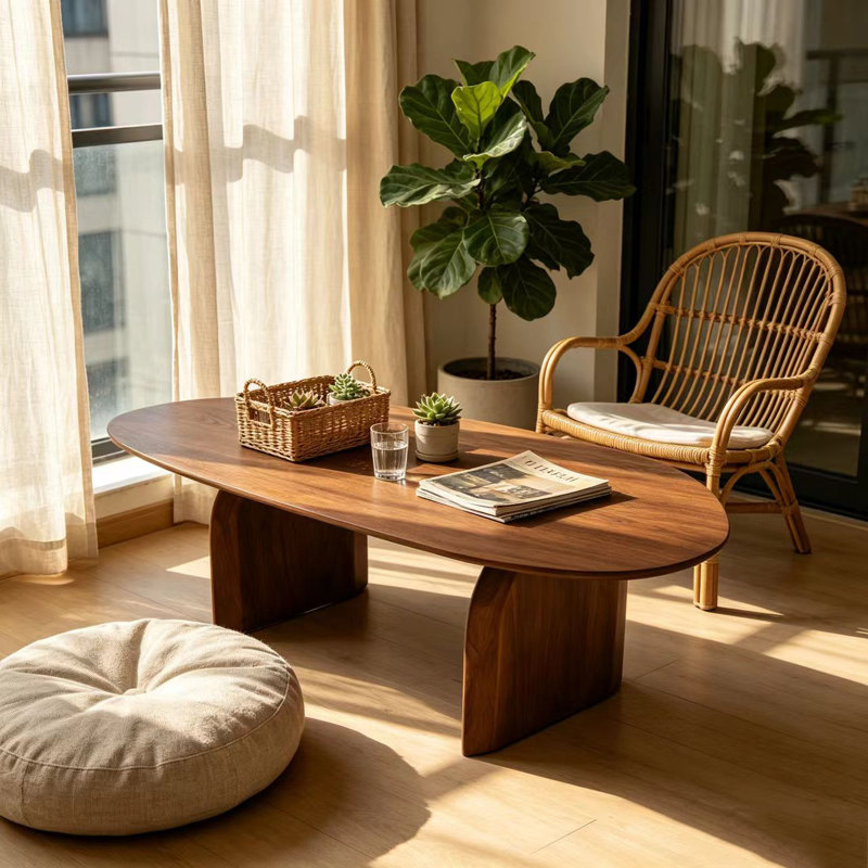 Mid Century Modern Triangle  Coffee Table Side Table With Wooden Legs, Walnut