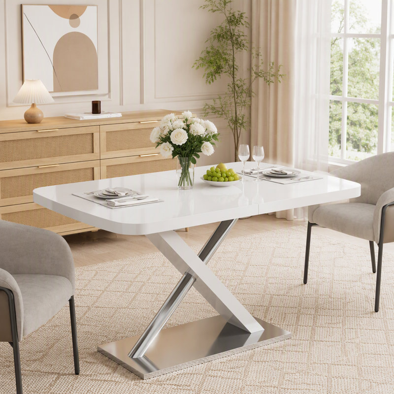 Table de salle à manger extensible avec base en métal, Blanc et argent