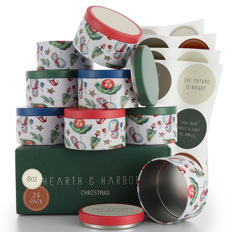 Christmas Themed 8oz Aluminum Candle Jars with Lids - Set of 24