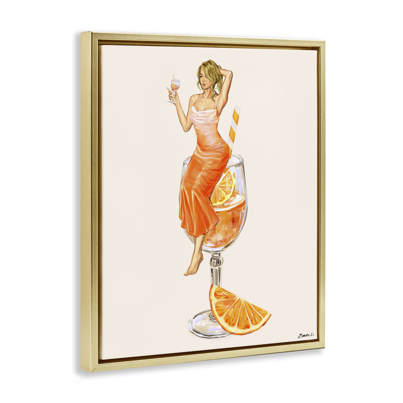 Femme et tranche d'orange cocktail, Cadre flottant métallique doré, H 31 po x l 25 po