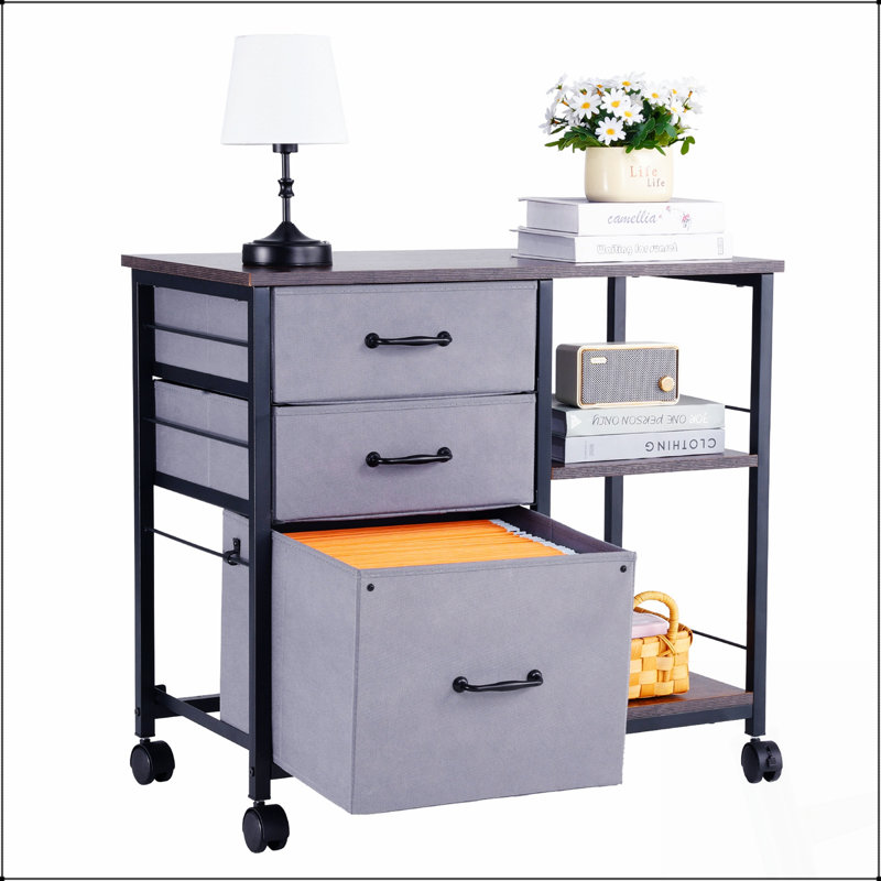 Classeur mobile en métal avec 3 tiroirs en tissu et 2 tablettes ouvertes pour un rangement organisé et un accès facile, Gris