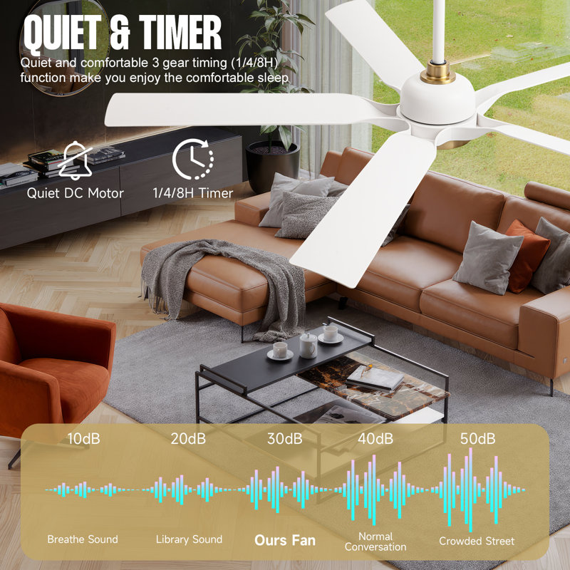 60" 5 Abs Blade Propeller Classic Ceiling Fan With Led Lights And Remote Control, 6 Speeds Reversible Dc Motor, 3 Color Lights, Timer, Suitable For Bedroom, Patios, Living Room, Balcony