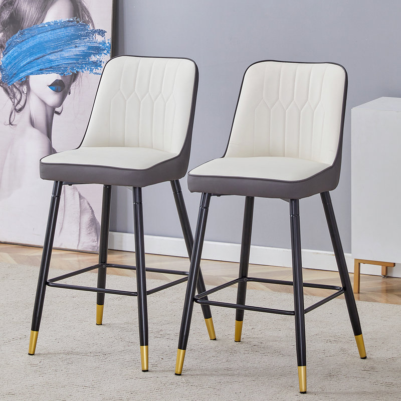 Bar Stools Set of 2,Counter Height Bar Stools with Back,Modern Faux Leather Kitchen Stools, White/Gray/Black, 2