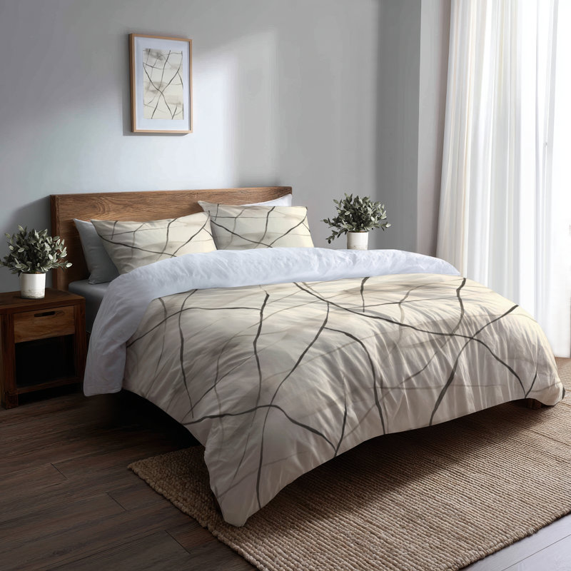 Ensemble de literie moderne 3 pièces - Ensemble de housse de couette et de coussins noirs Quiet Lines