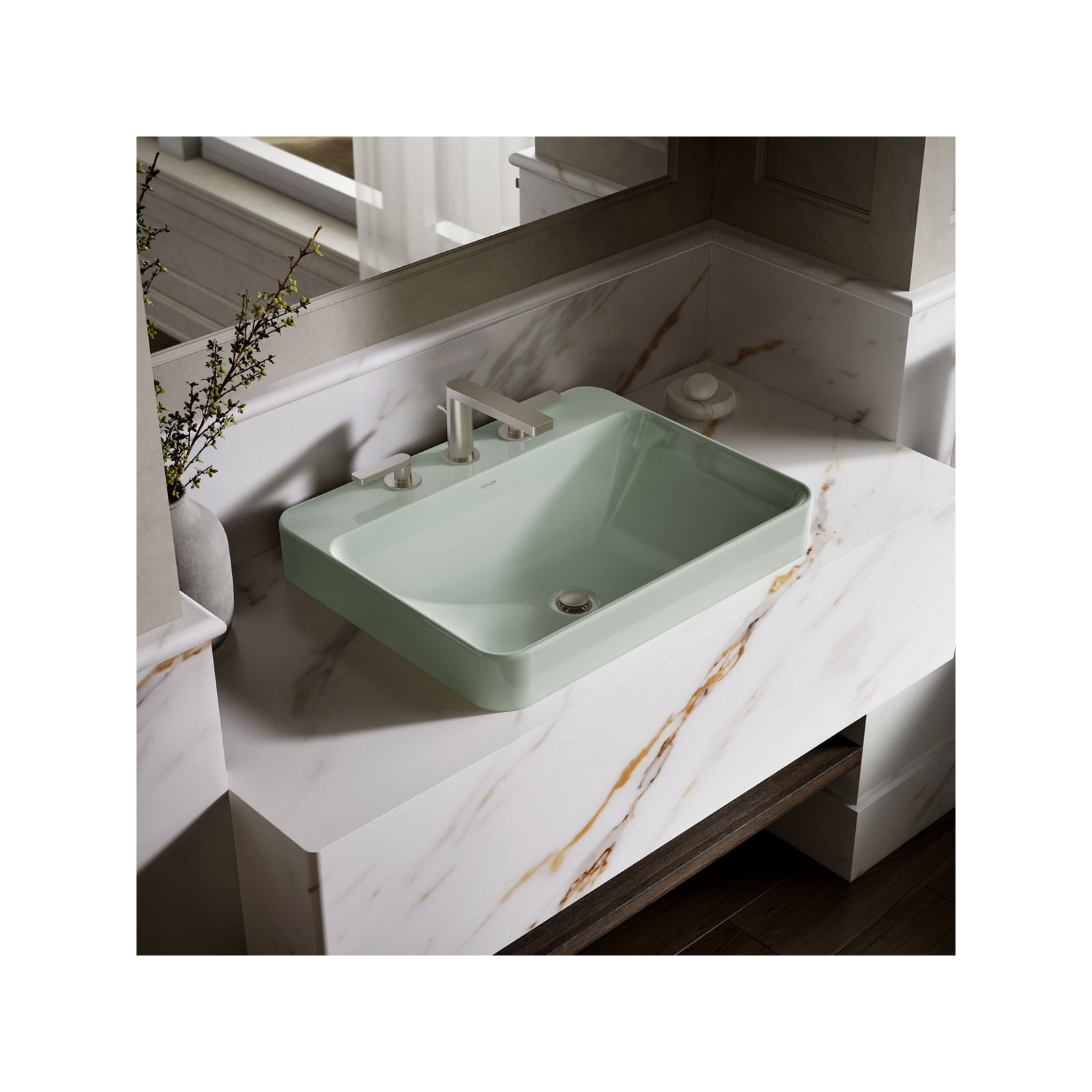 Vox Vitreous China Rectangular Vessel Bathroom Sink with Overflow, Light Green, 3