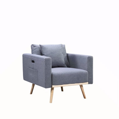32.5"W Dark Gray Linen Fabric Chair With USB Charging Ports Pockets & Pillows
