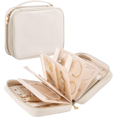 Large Jewelry Binder Book with Individual Pouches, Portable Leather Zippered Bag for Jewelry Storage -Beige