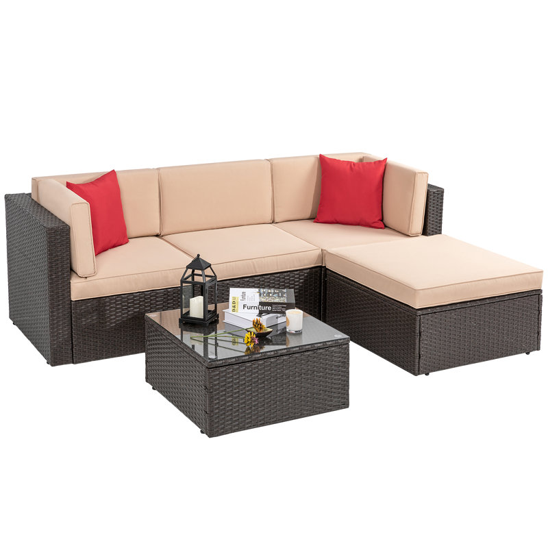 Wicker 5-Piece Modular Patio Conversation Set with Cushions, Beige