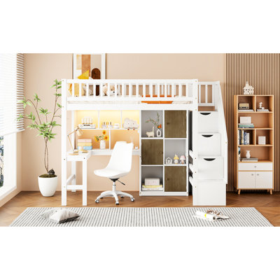 Twin Size White Wood Loft Bed With Built - In Desk, Led, 2 Tier Shelving, 6 Storage Cabinets And Staircase For Bedside Splendor Craft Area