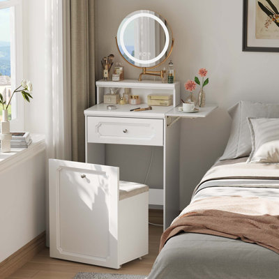 Meuble-lavabo blanc avec miroir rond et lumières, table de chevet 2 en 1, coiffeuse et fauteuil