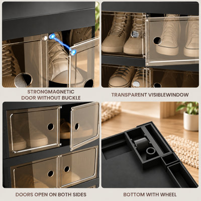 Foldable Shoe Storage Organizer, Extra Large Shoe Rack with Magnetic Transparent Door & Rolling Wheels, 9 Tiers 18 Grids with 4 Large Compartments, Portable Shoe Storage Box for Closet & Entryway