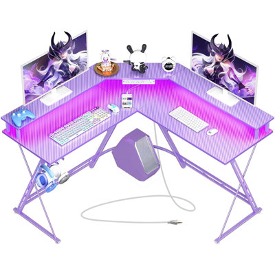 L Shaped Gaming Desk with LED Lights & Power Outlets, 50.4” Computer Desk with Monitor Stand, Corner Desk with Carbon Fibre Surface, Gaming Table with Hooks