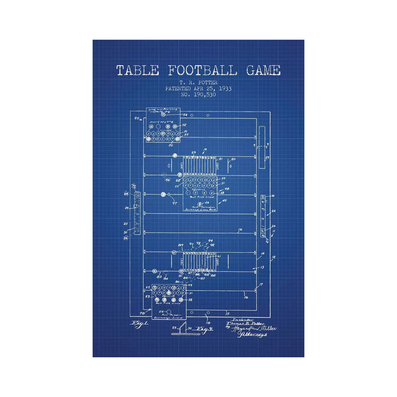 T.R. Potter Table Football Game Patent Sketch (Blue Grid) by Aged Pixel - Wrapped Canvas Painting