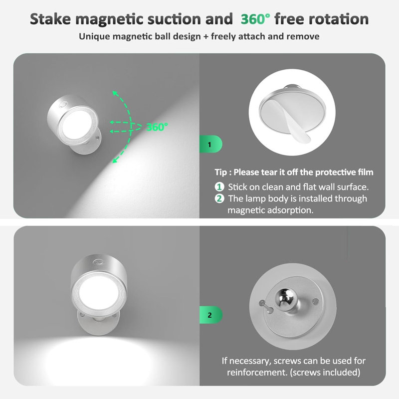 LED Wall Light Rechargeable Battery Operated With Remote, Magnetic Rotation,1 Pcs, Silver