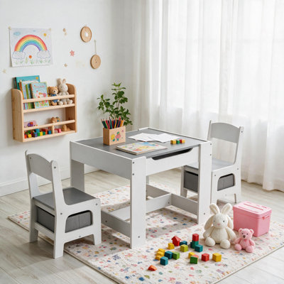 Kids Table and Chair Set, 4 in 1 Wooden Children Activity Table w/Storage, Reversible Deskboard, Blackboard, Detachable Tabletop for Toddlers Art Crafts, Playroom, Drawing, Reading Natural(gray)