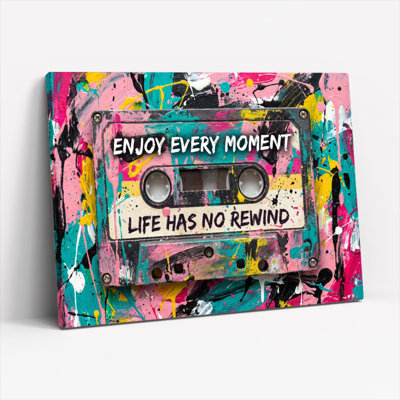 Colorful Cassette Tape Abstract Art Canvas Wrapped Wall Art Oil Painting Print With Inspirational Quote Enjoy Every Moment Life Has No Rewind (Set Of 1)