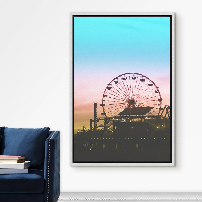 Signature signée, impression sur toile encadrée, grande roue à la jetée au crépuscule, photographie de plage, art moderne, nautique, paysage, coloré, ultra pour le salon, la chambre à coucher, le bureau - 24 po x 36 po - blanc